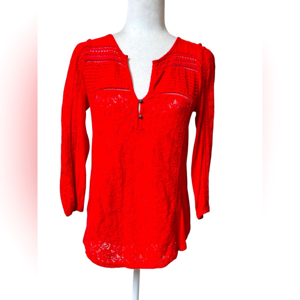 Lucky Brand red Valentine lace insert small button henley  top